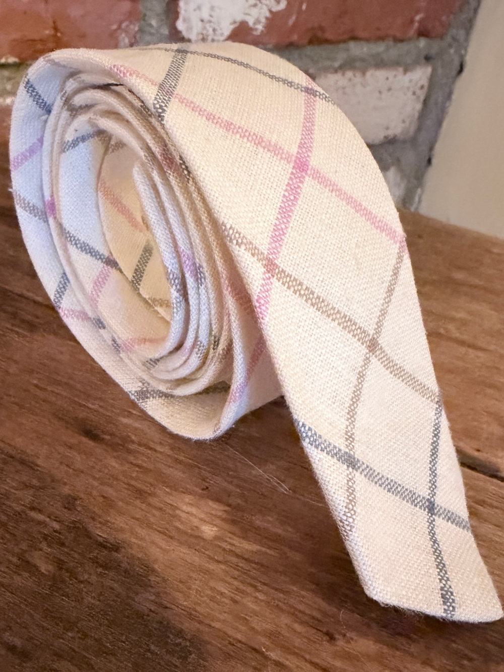 Vintage Pips by Rooster Linen Tie Cream with Pink and Gray Windowpane Plaid